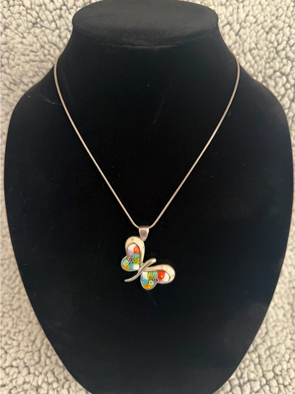 Silver 925 Multicolor Butterfly Pendant Necklace on Snake Chain